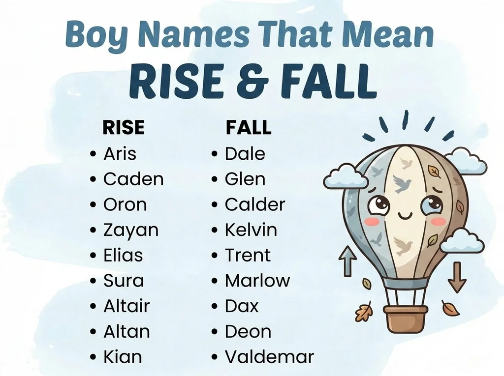 Infographic of boy names that mean rise and fall: Aris, Dale, Caden and Glen