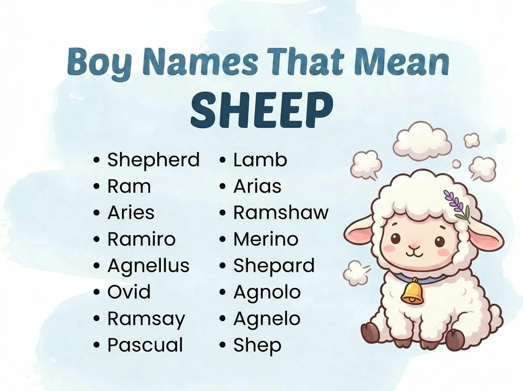 Infographic of boy names that mean sheep: Aries, Ramshaw, Ramiro and Merino