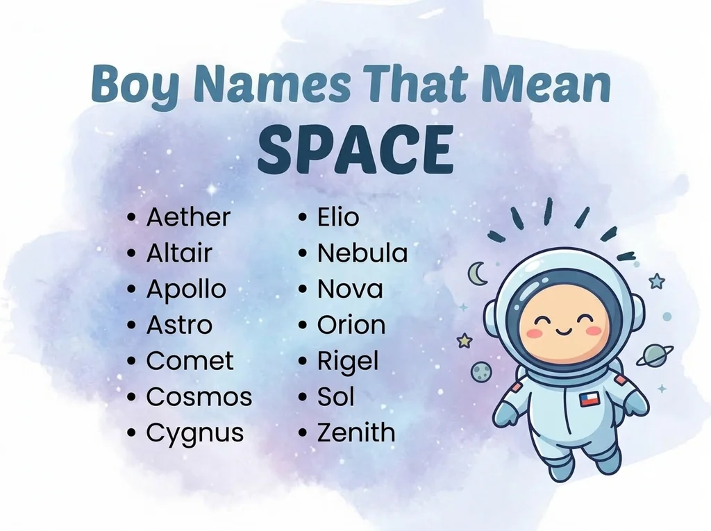 Infographic of boy names that mean space: Altair, Nova, Orion and Rigel