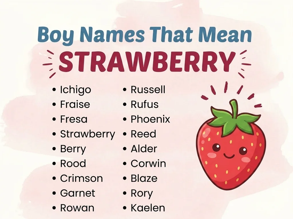 Infographic of boy names that mean strawberry: Fraise, Fresa, Berry and Russell