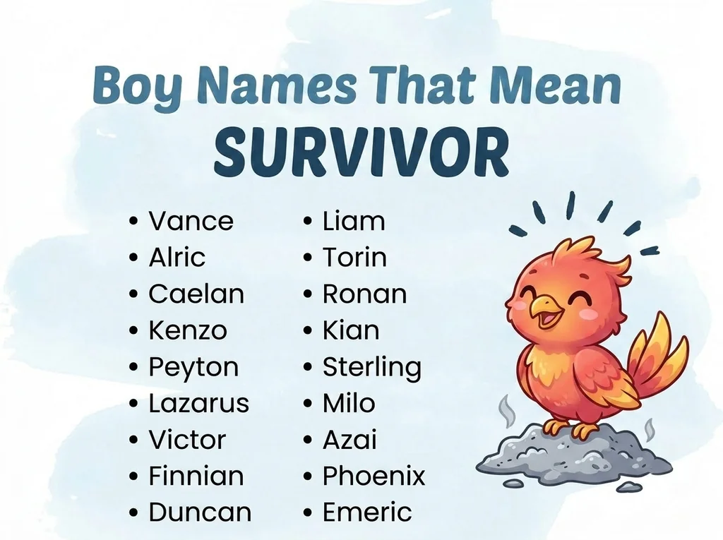 Infographic of boy names that mean survivor: Kenzo, Victor, Phoenix and Vance