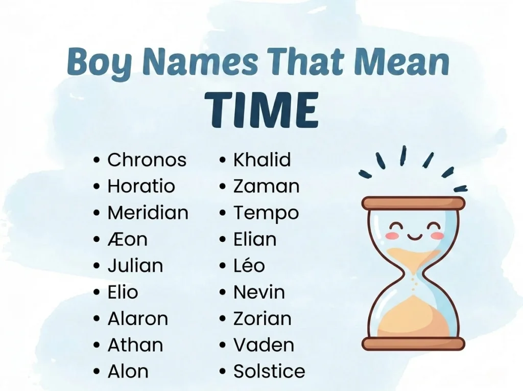 Infographic of boy names that mean time: Chronos, Zaman, Tempo and Horatio