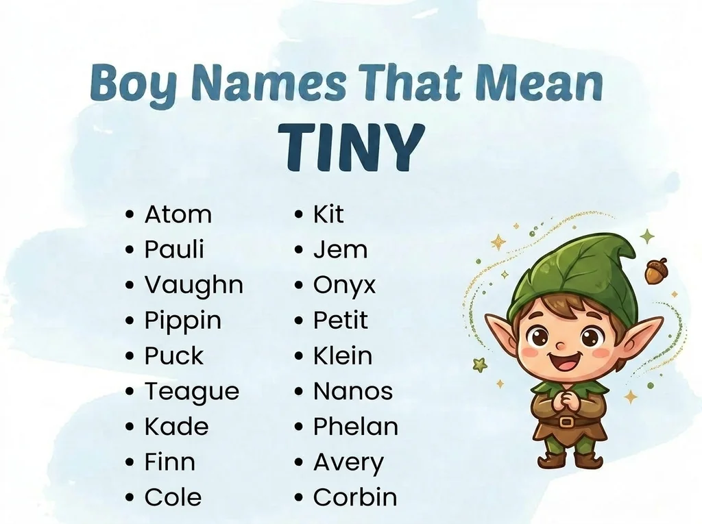 Infographic of boy names that mean small or tiny: Pauli, Finn, Atom and Jem