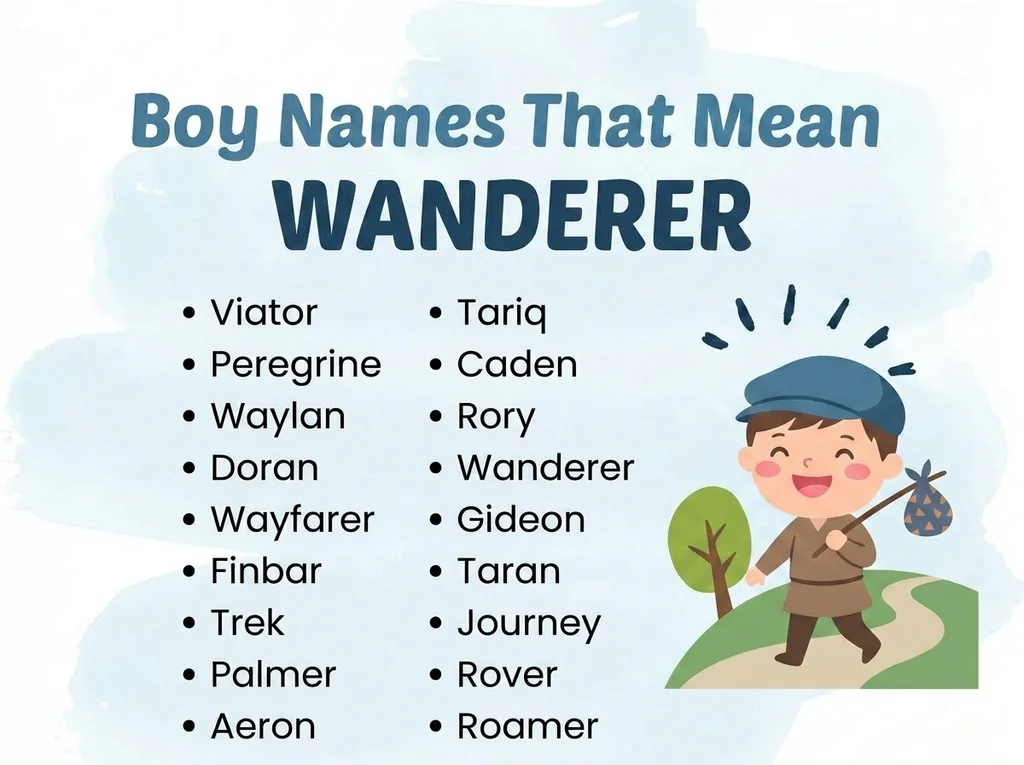 Infographic of boy names that mean wanderer: Viator, Peregrine, Journey and Palmer