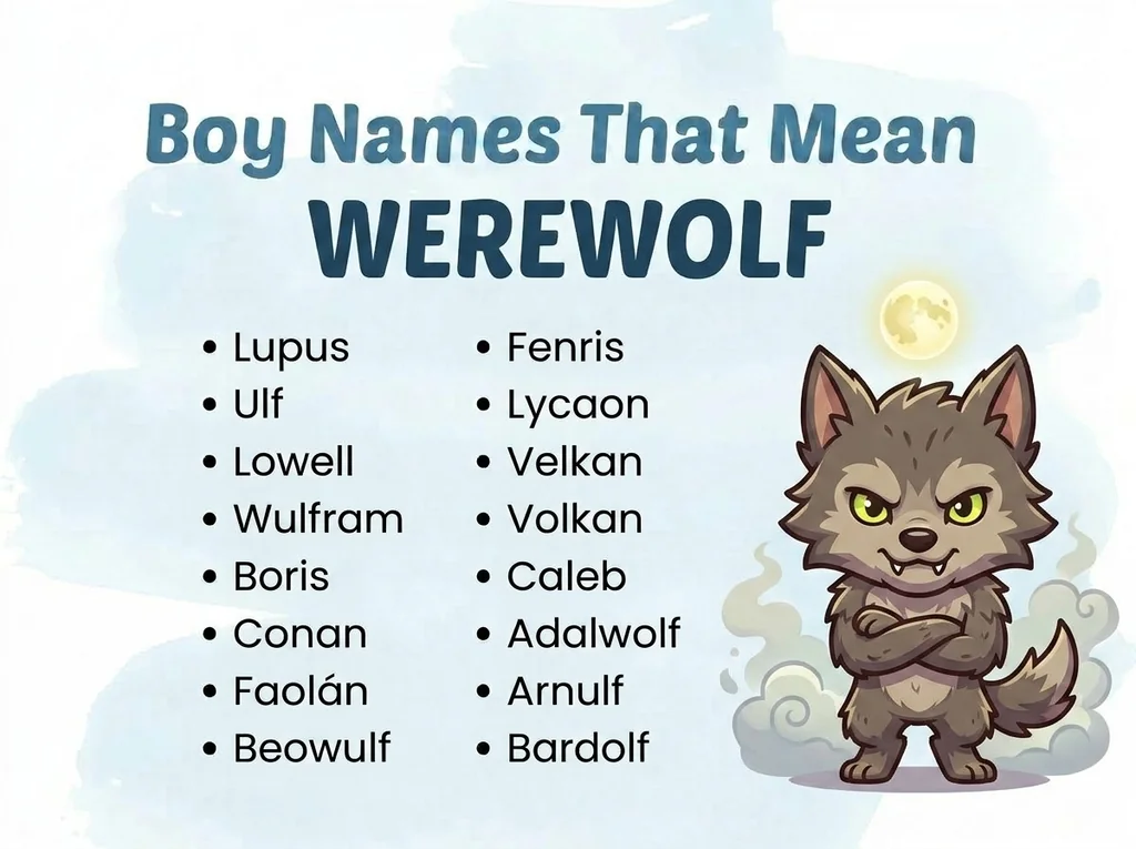 Infographic of boy names that mean werewolf: Lycaon, Lowell, Conan and Fenris