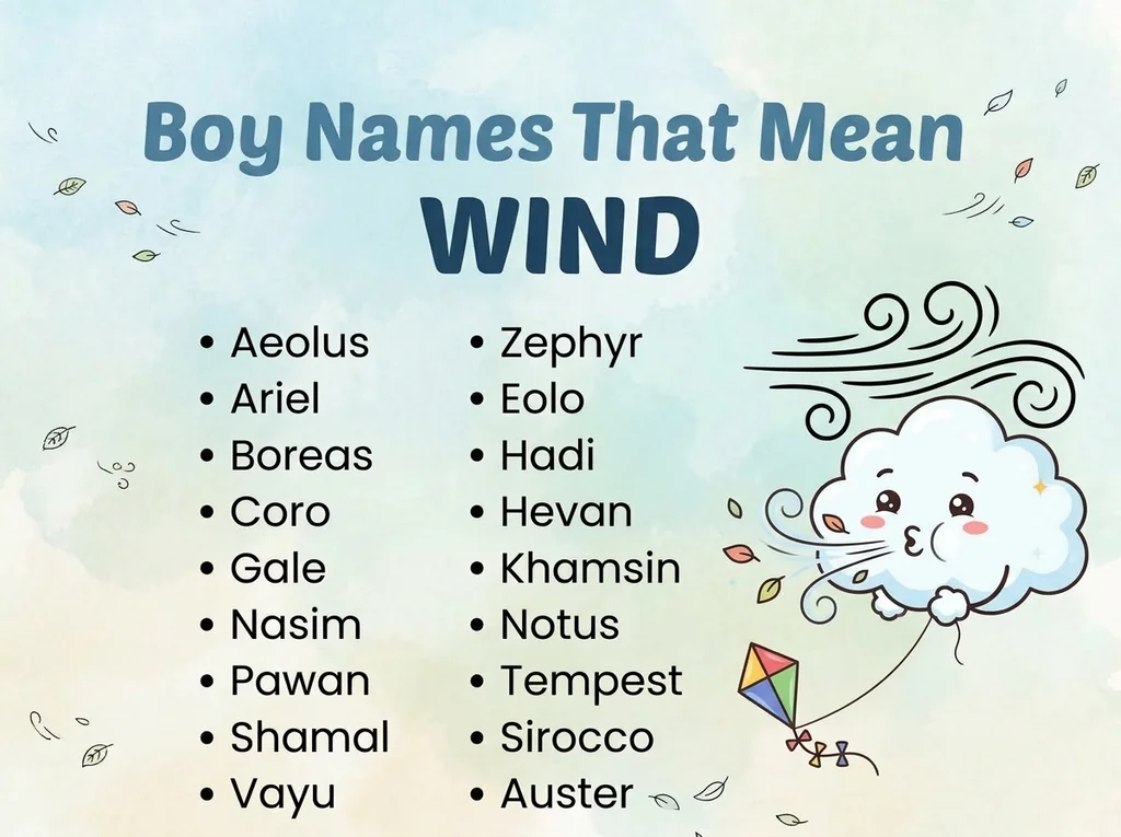 Infographic of boy names that mean wind: Aeolus, Zephyr, Boreas and Gale