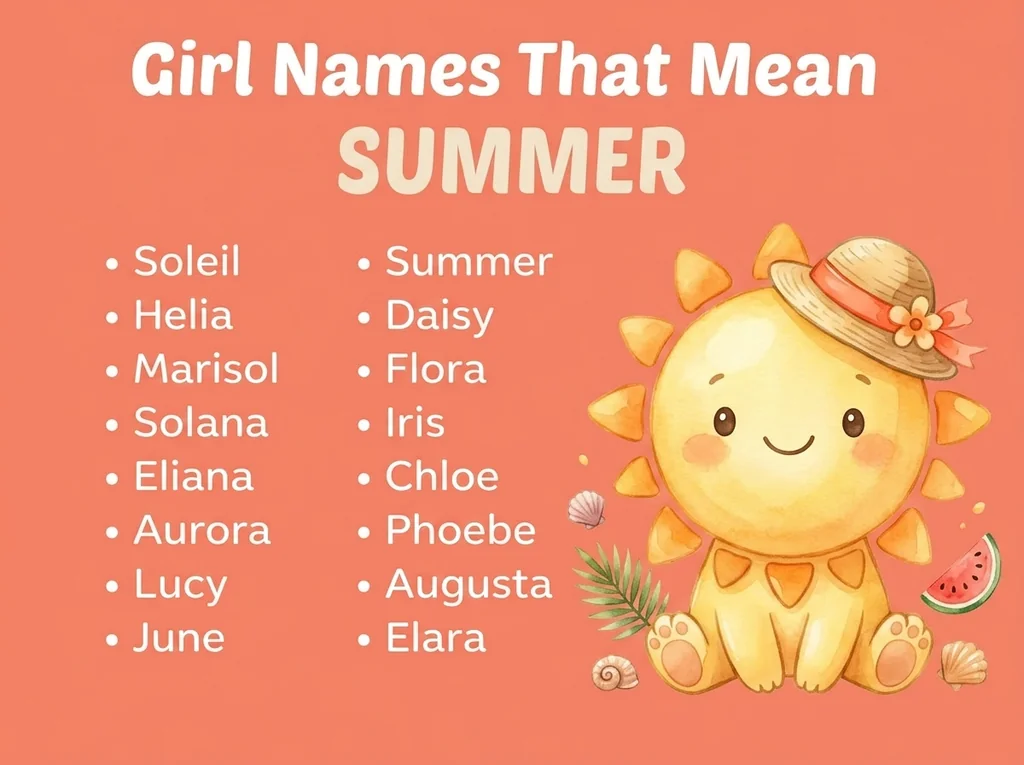 Infographic of girl names that mean summer: Soleil, Helia, Marisol and Solana