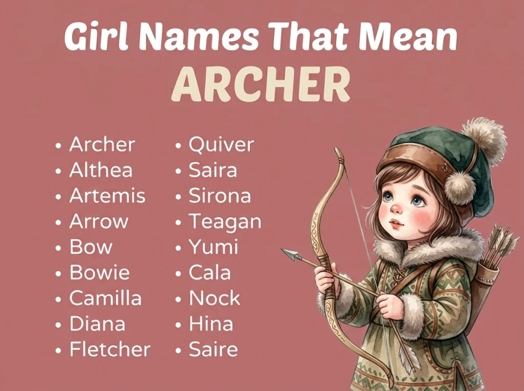 Infographic of girl names that mean archer: Artemis, Arrow, Diana and Quiver