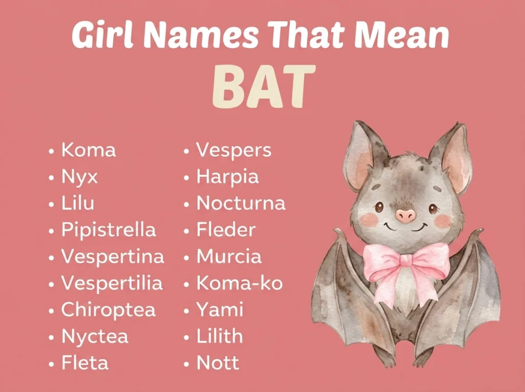 Infographic of girl names that mean bat: Nocturna, Vespers, Lilu and Pipistrella