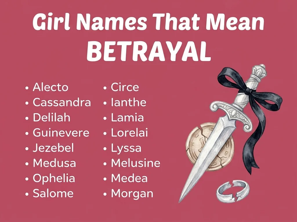 Infographic of girl names that mean betrayal: Circe, Delilah, Jezebel and Medea