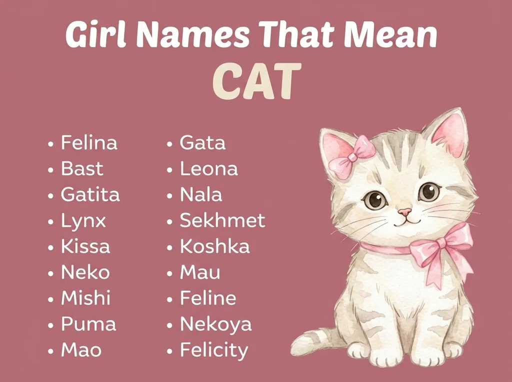 Infographic of girl names that mean cat: Gatita, Sekhmet, Kissa and Neko