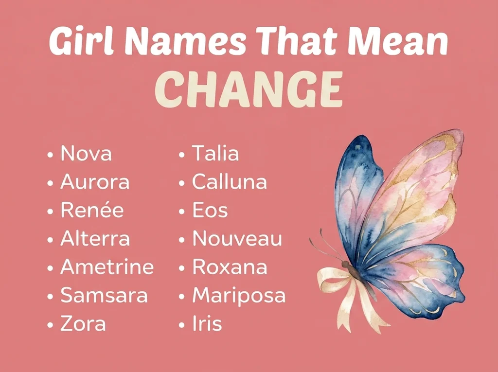 Infographic of girl names that mean change: Nova, Eos, Calluna and Nouveau