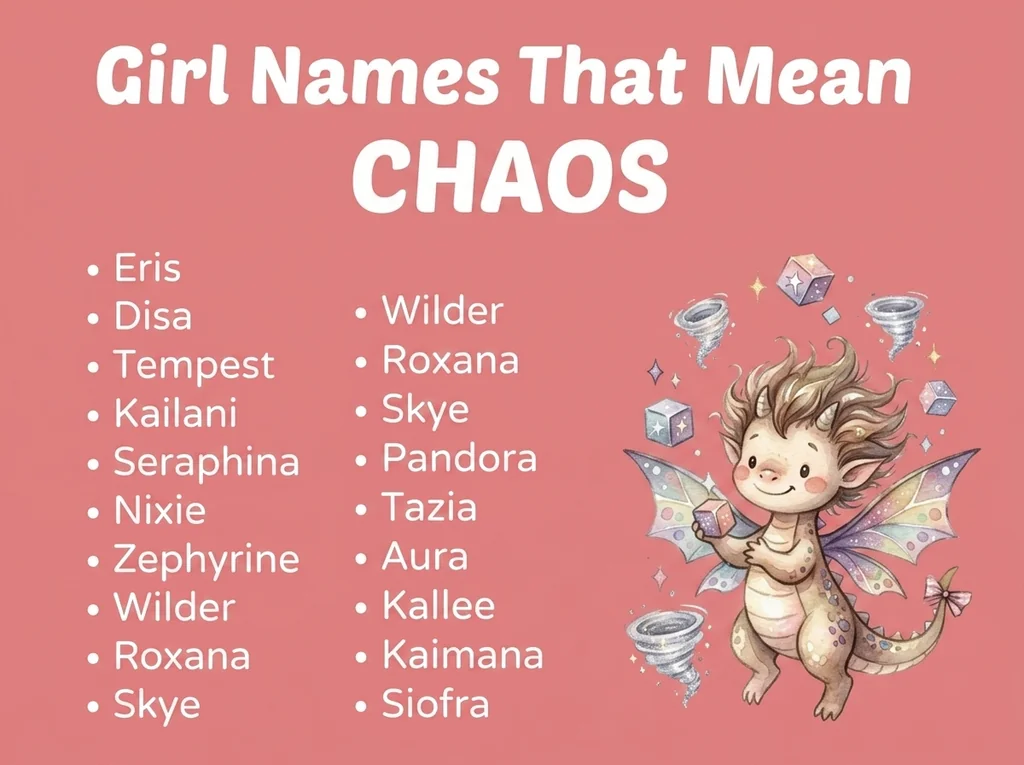 Infographic of girl names that mean chaos: Eris, Tempest, Pandora and Seraphina