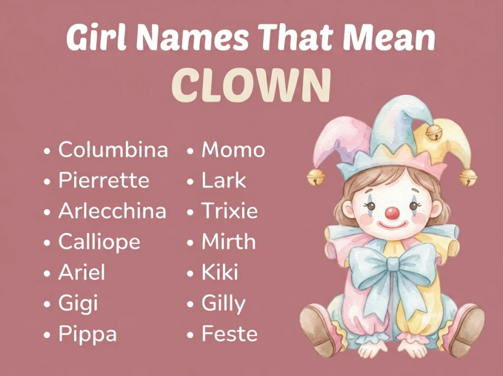 Infographic of girl names that mean clown: Pierrette, Lark, Calliope and Mirth