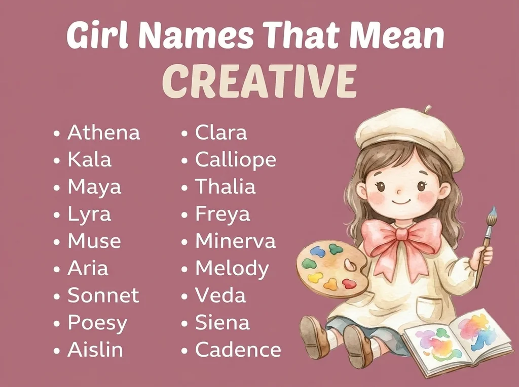 Infographic of girl names that mean creative: Calliope, Thalia, Muse and Minerva