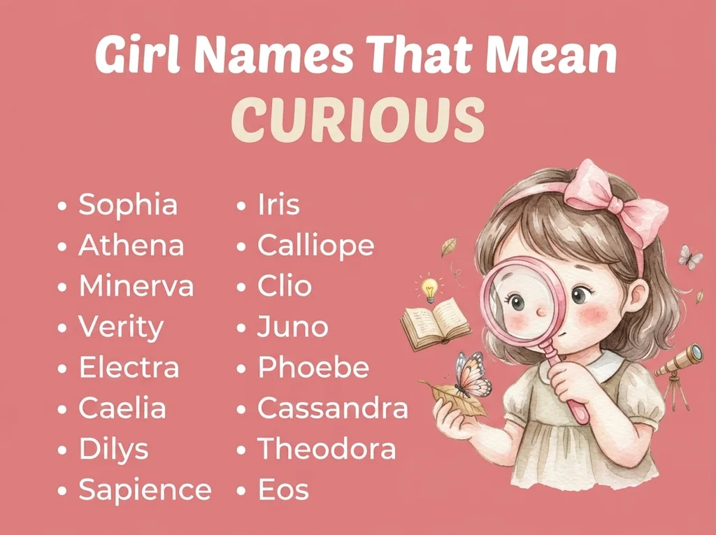 Infographic of girl names that mean curious: Sophia, Calliope, Verity and Phoebe