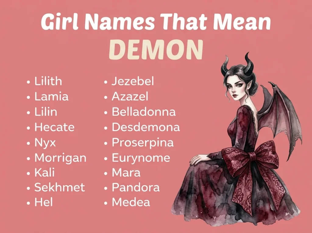 Infographic of girl names that mean demon: Lilith, Jezebel, Lamia and Azazel