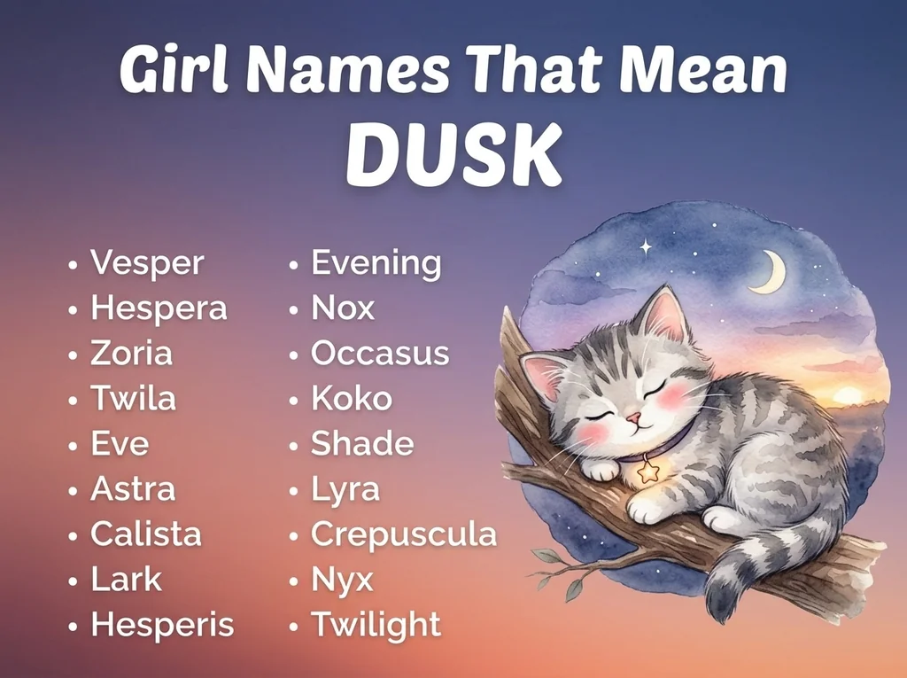Infographic of girl names that mean dusk: Vesper, Hespera, Crepuscula and Twilight