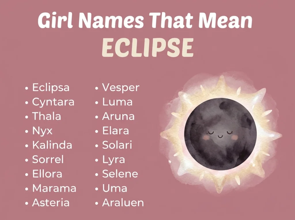 Infographic of girl names that mean eclipse: Selene, Eclipsa, Cyntara and Thala
