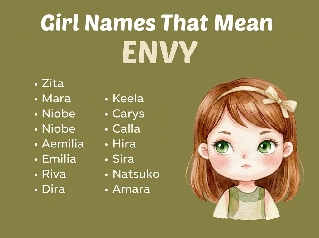 Infographic of girl names that mean envy: Niobe, Carys, Aemilia and Emilia