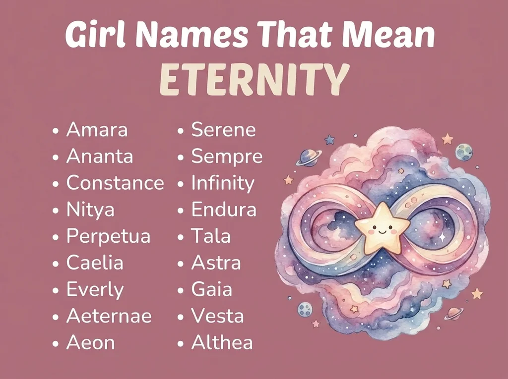 Infographic of girl names that mean eternity: Amara, Ananta, Nitya and Perpetua