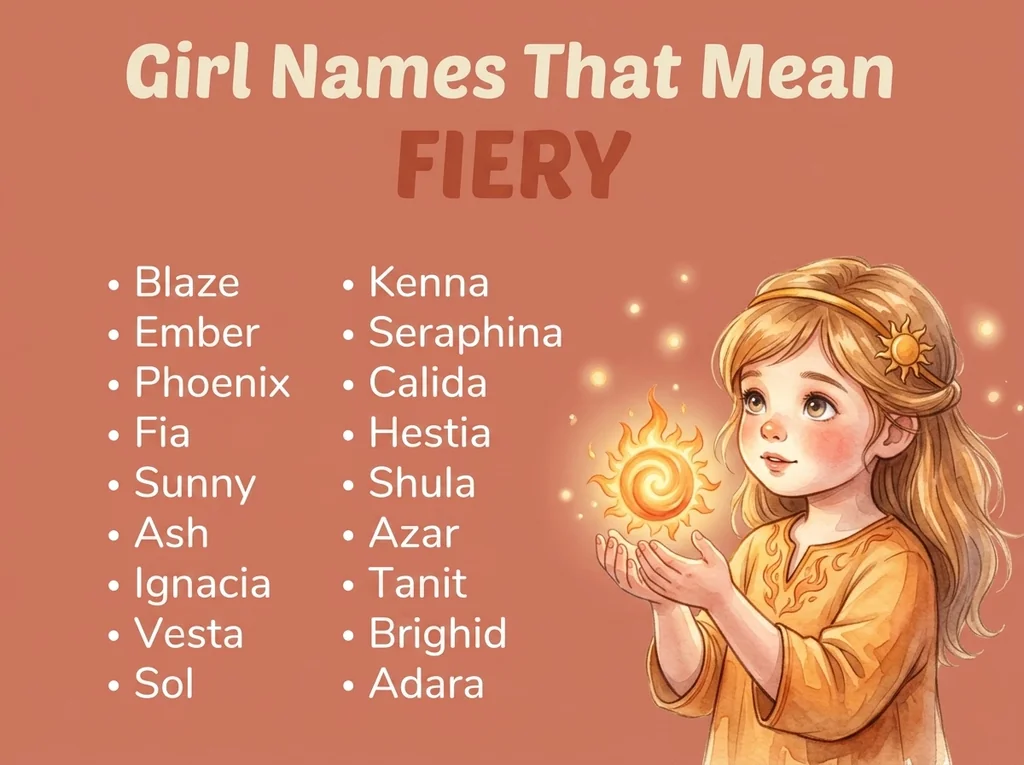 Infographic of girl names that mean fiery: Blaze, Kenna, Ember and Seraphina