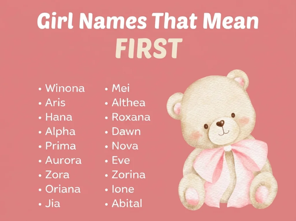 Infographic of girl names that mean first: Winona, Prima, Aurora and Zorina