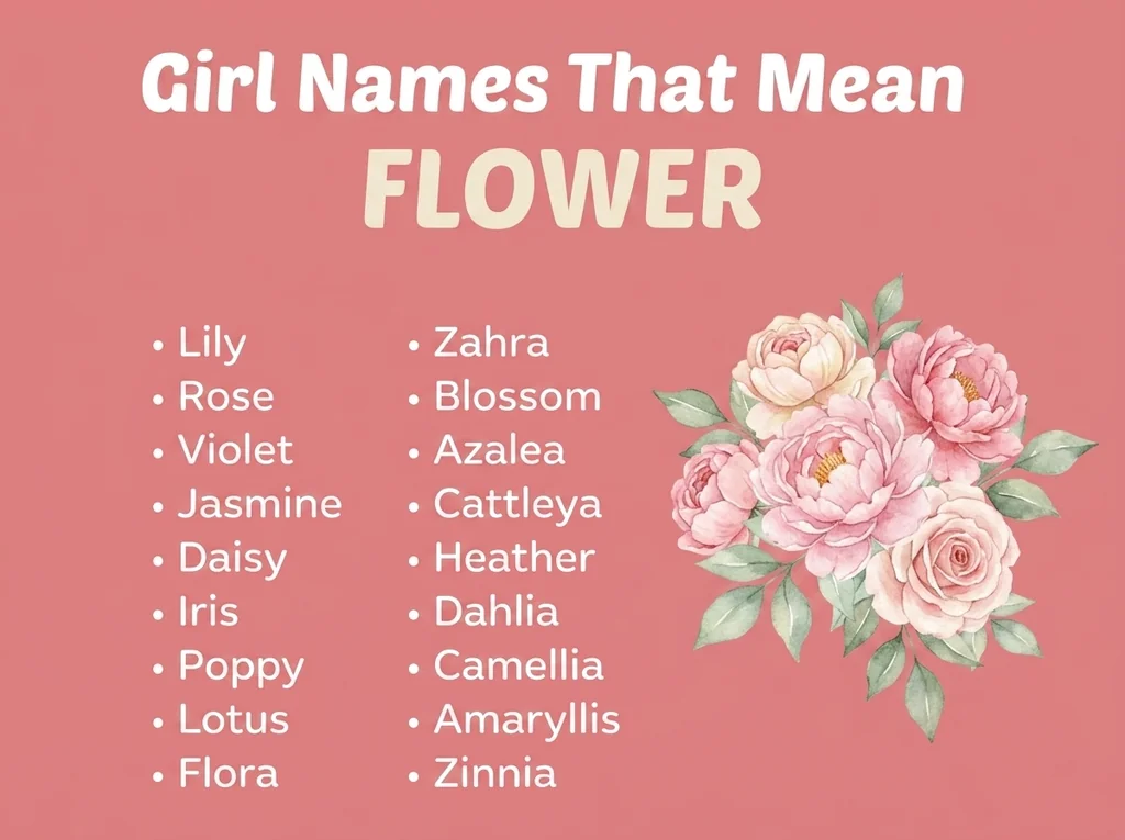 Infographic of girl names that mean flower: Zahra, Flora, Lily and Blossom