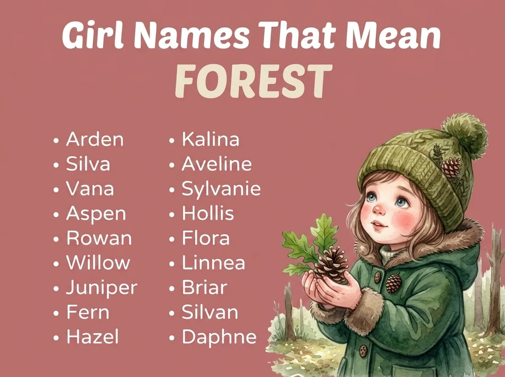 Infographic of girl names that mean forest: Arden, Silva, Aspen and Hollis