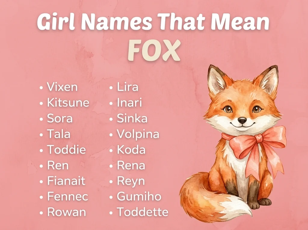 Infographic of girl names that mean fox: Vixen, Kitsune, Volpina and Fennec