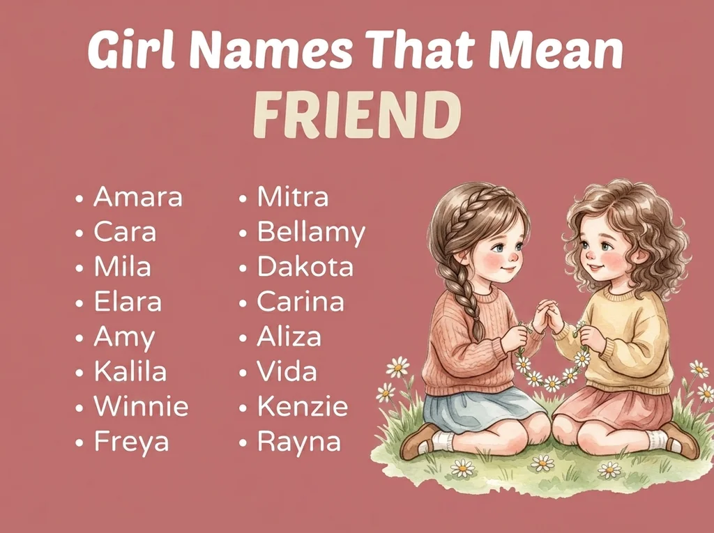 Infographic of girl names that mean friend: Mitra, Winnie, Cara and Mila