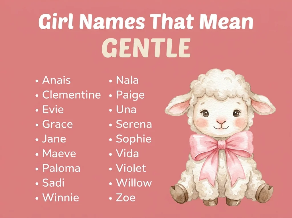 Infographic of girl names that mean gentle: Serena, Grace, Jane and Sophie