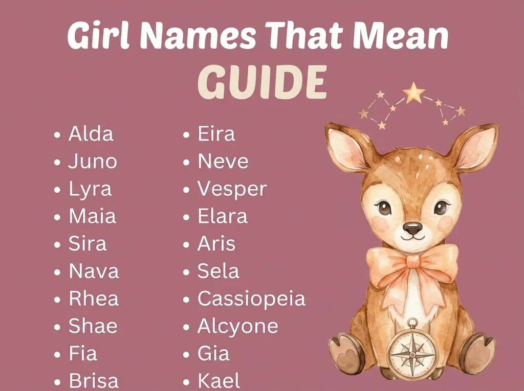 Infographic of girl names that mean guide: Alda, Eira, Juno and Neve