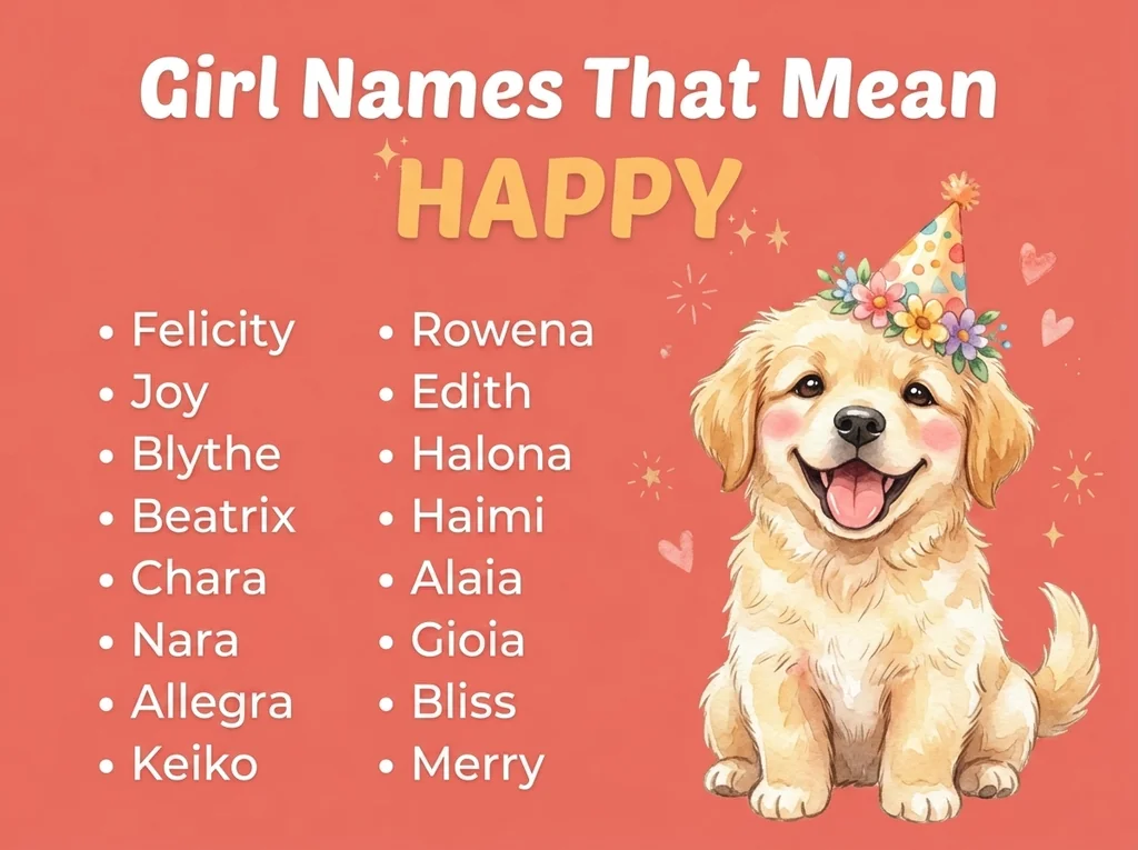 Infographic of girl names that mean happy or joy: Felicity, Blythe, Beatrix and Chara