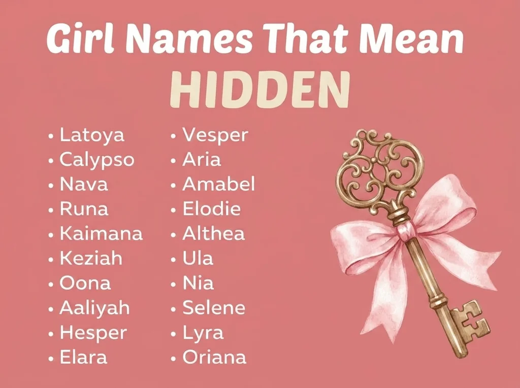 Infographic of girl names that mean hidden: Vesper, Lyra, Latoya and Calypso