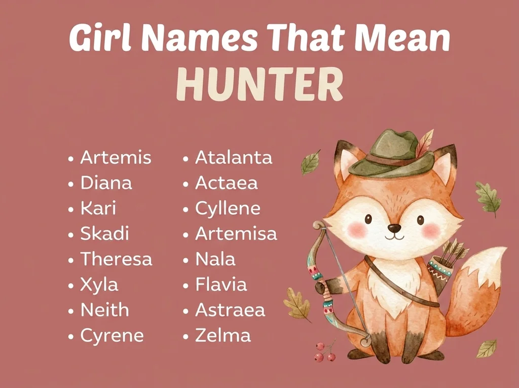 Infographic of girl names that mean hunter: Artemis, Diana, Skadi and Cyrene