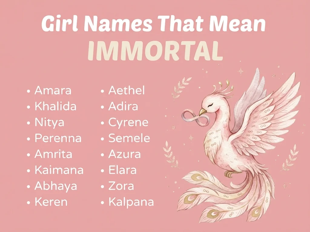 Infographic of girl names that mean immortal: Amara, Khalida, Nitya and Elara