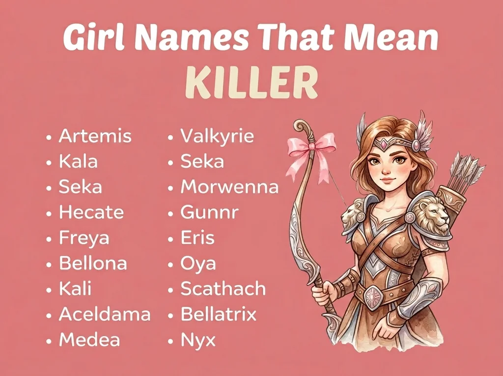 Infographic of girl names that mean killer: Artemis, Freya, Bellona and Morwenna