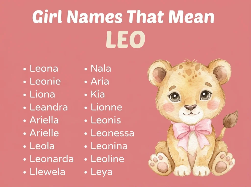 Infographic of girl names that mean Leo: Leona, Nala, Leonie and Liona