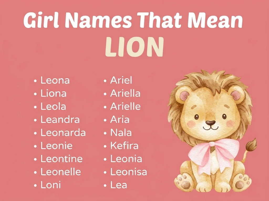 Infographic of girl names that mean lion: Leona, Ariel, Liona and Ariella