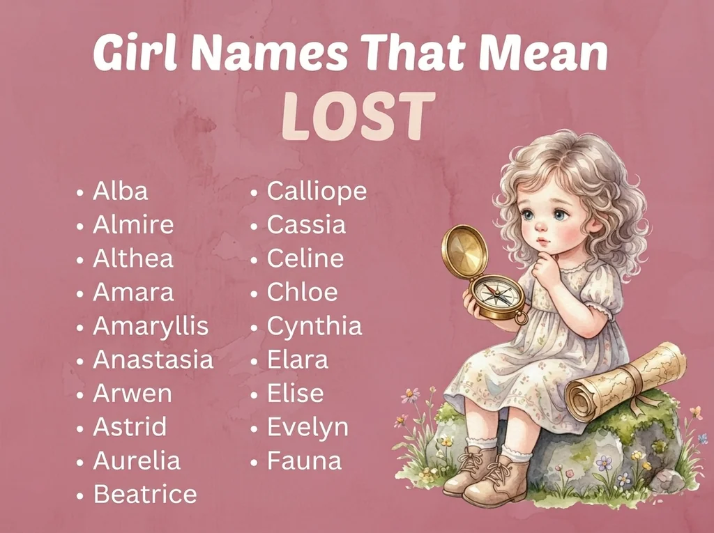 Infographic of girl names that mean lost: Celine, Cynthia, Anastasia and Astrid
