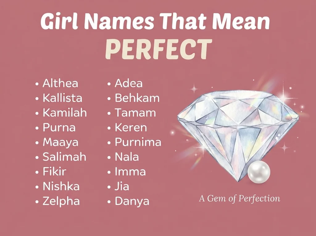 Infographic of girl names that mean perfect: Kamilah, Tamam, Purna and Purnima