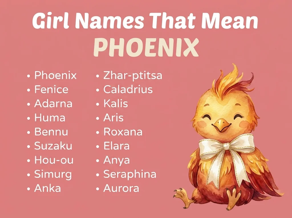 Infographic of girl names that mean phoenix: Huma, Bennu, Zhar-ptitsa and Fenice