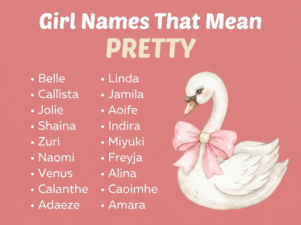 Infographic of girl names that mean pretty: Belle, Linda, Callista and Jamila