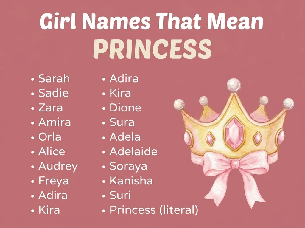 Infographic of girl names that mean princess: Sarah, Sadie, Amira and Soraya