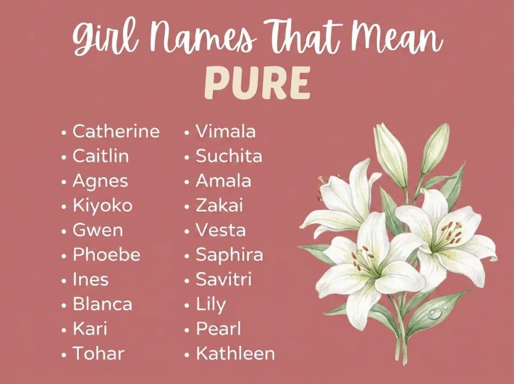 Infographic of girl names that mean pure: Catherine, Caitlin, Agnes and Gwen