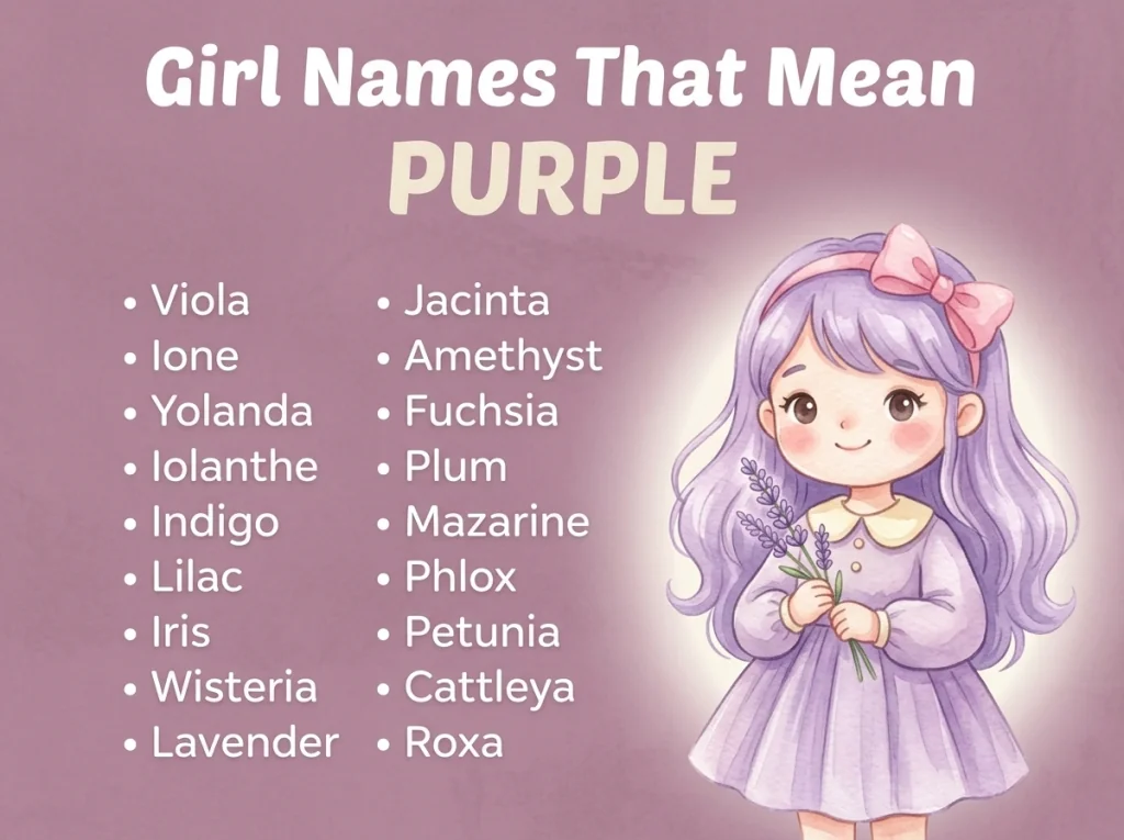 Infographic of girl names that mean purple: Viola, Amethyst, Indigo and Lilac