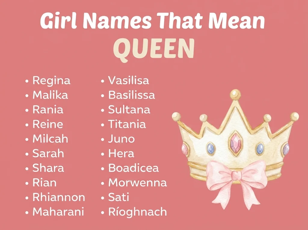 Infographic of girl names that mean queen: Regina, Rania, Sultana and Reine