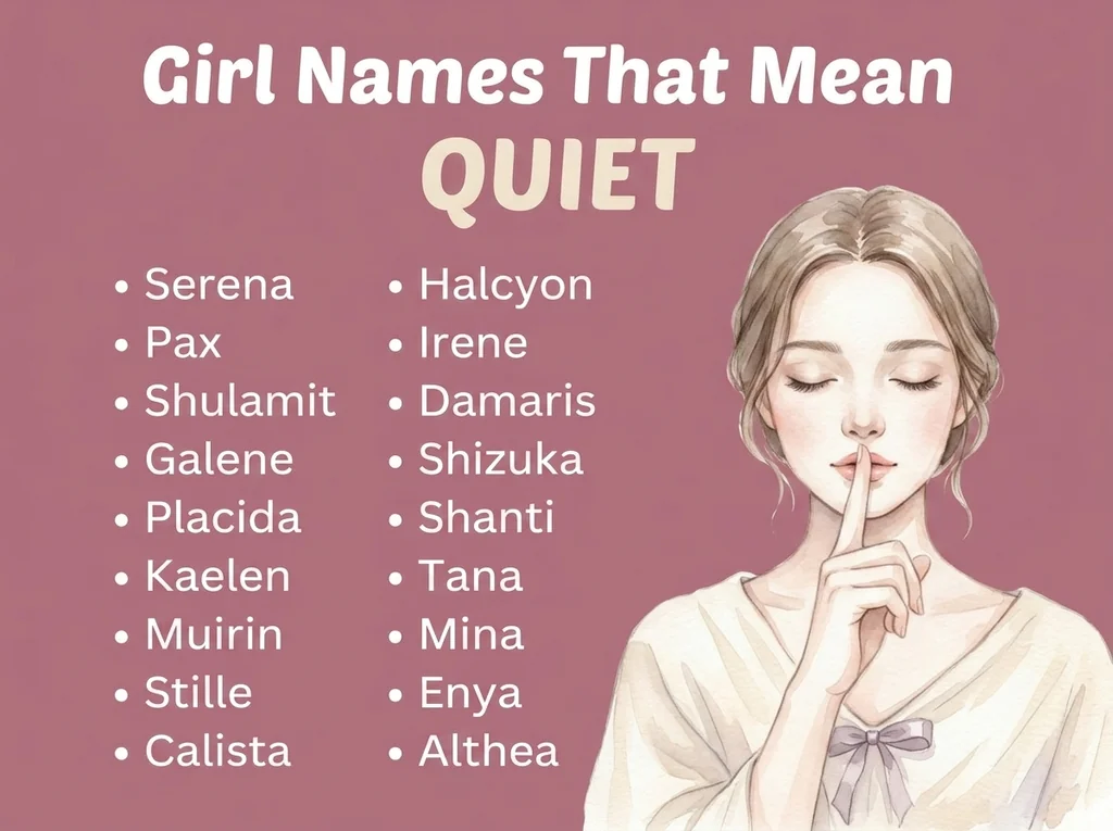 Infographic of girl names that mean quiet: Serena, Shizuka, Placida and Shanti