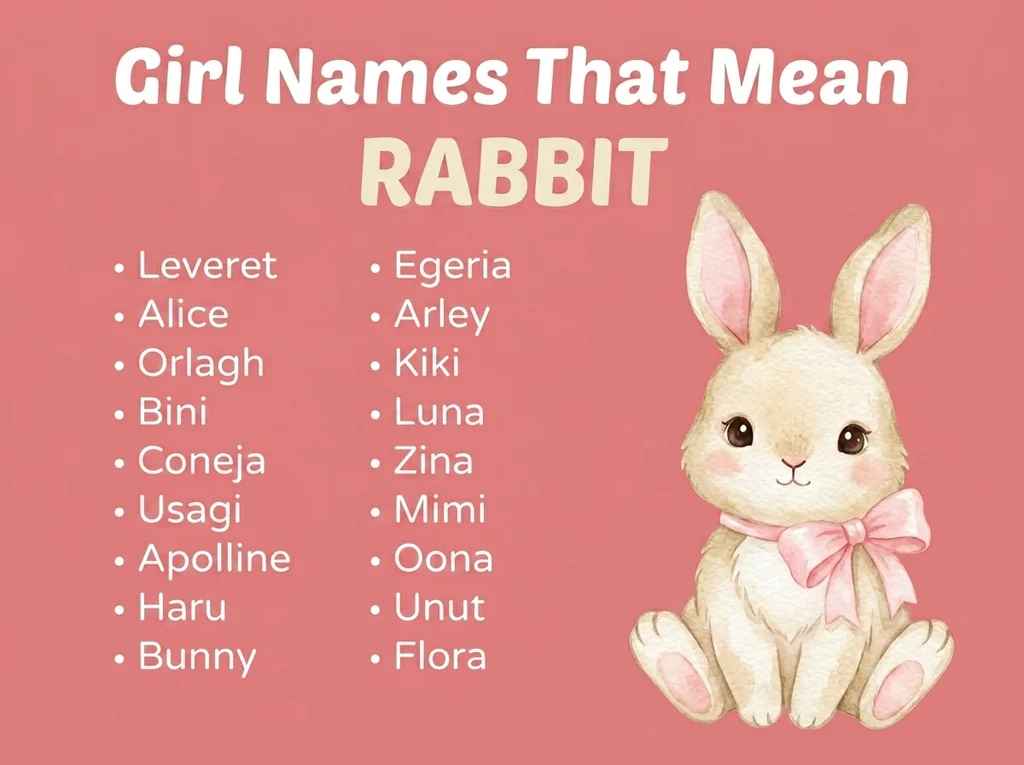Infographic of girl names that mean rabbit: Usagi, Egeria, Arley and Bini